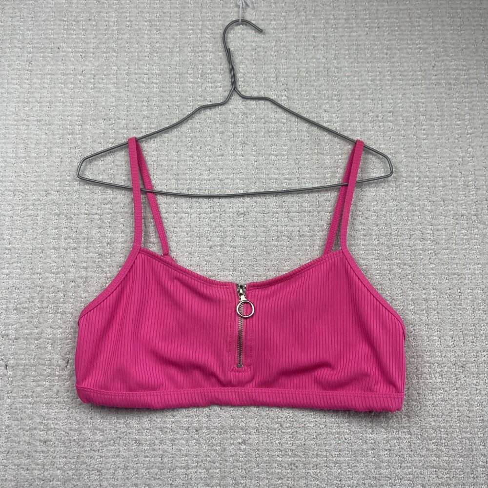 Y2K Revamped Ribbed Zip Front Bralette Coquette Hot Pink Festival Wom Sz XL
